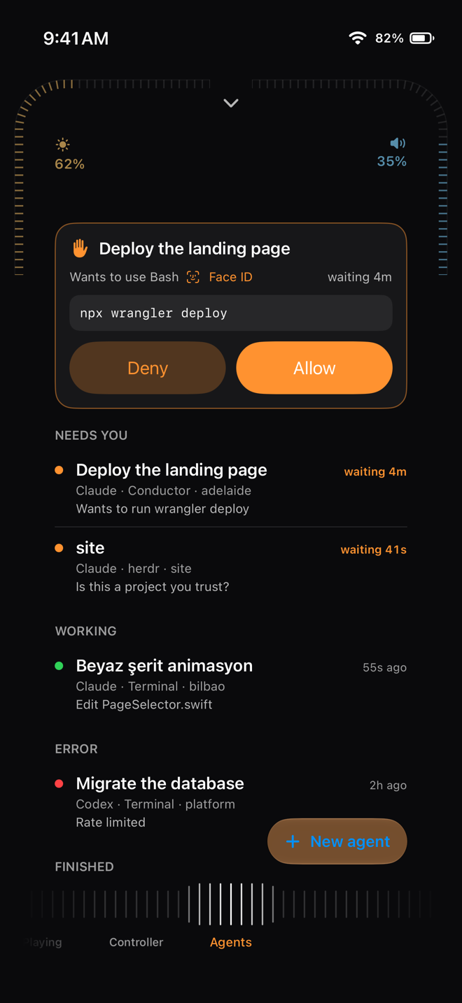 Rundeck's Agents page: an approval request above the sessions that need you