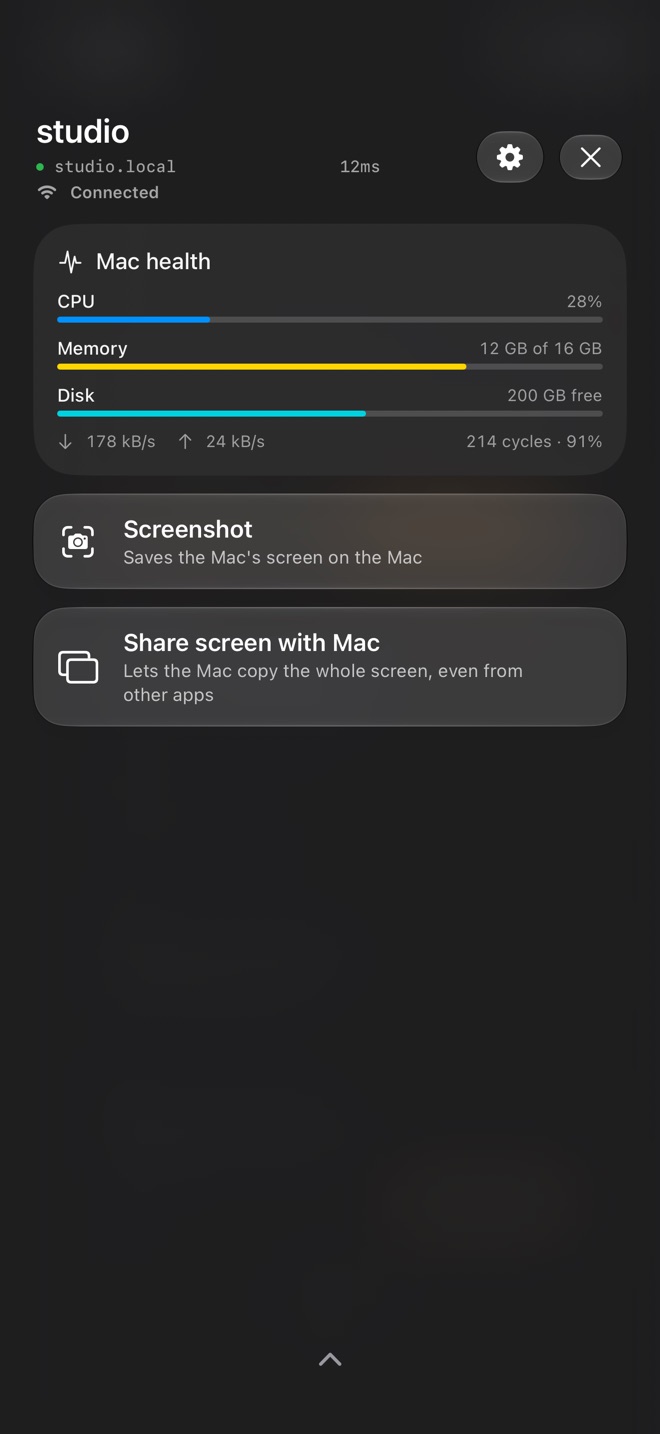 The pull-down panel: Mac health, screenshot and screen sharing